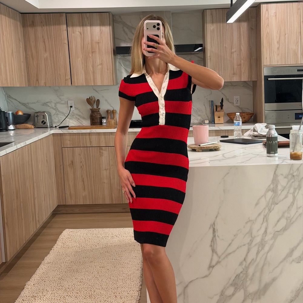 Vintage Bebe Striped Red & Black Knit Polo Dress